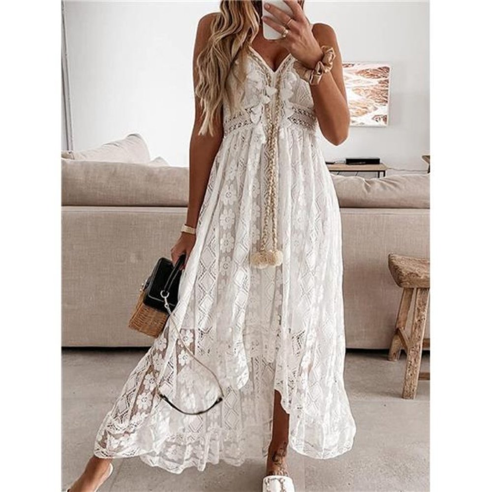 CUPSHE Women's Dresses Slip Boho Maxi Dress Lace Up Tassel V-Neck Flare Ruffle B - Picture 6 of 7
